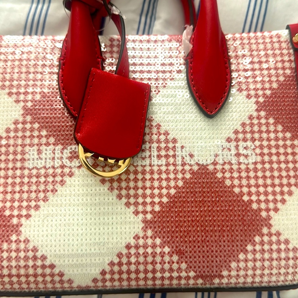 Michael Kors Mirella Extra-Small Sequined Crossbody Bag Shopper Tote Bright Red